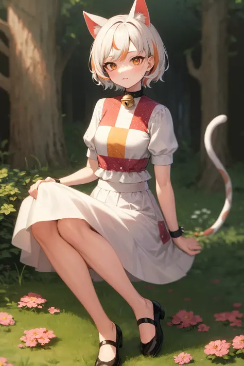 masterpiece, best quality, highly detailed, gm, full body, choker, multicolored tail, cat girl, patch, multicolored clothes, multicolored shirt, multicolored skirt, neck bell, white hair, streaked hair, short hair, multicolored hair, cat ears, bell, cat tail, orange eyes, flowering clover meadow, forest, countryside