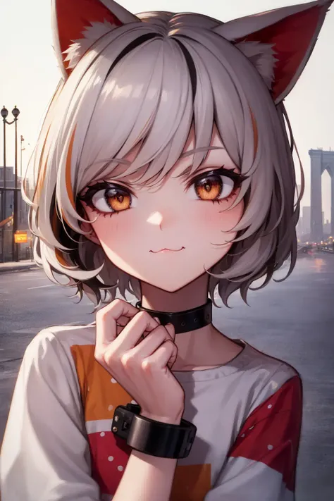1girl, (gm, :3, choker, cat girl, patch, multicolored clothes,multicolored shirt, neck bell, white hair, streaked hair, short hair, multicolored hair, cat ears, orange eyes), close-up, intricately detailed face and eyes, face focus, portrait, 1980 brooklyn, brooklyn bridge, outdoors, graffiti by banksy on background