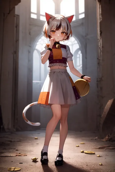 masterpiece, best quality, highly detailed, gm, full body, choker, multicolored tail, cat girl, patch, multicolored clothes, multicolored shirt, multicolored skirt, neck bell, white hair, streaked hair, short hair, multicolored hair, cat ears, bell, cat tail, orange eyes, girl explores ruins of church, broken stained glass, deserted spaces, detailed background