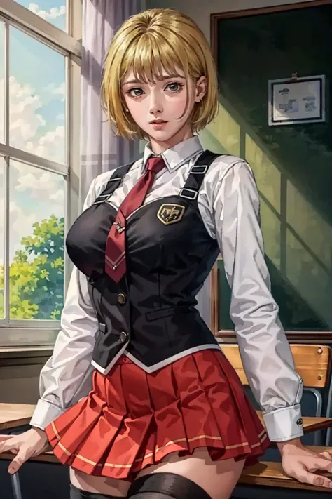 best quality,masterpiece,highres,original,extremely detailed wallpaper,perfect lighting,extremely detailed CG,<lora:add_detail:0.3>,standing,
<lora:Reika_Kitami_Bible_Black-KK77-V1:0.6>,school uniform,red skirt,necktie,thighhighs,shirt,vest,strap,blonde short hair,