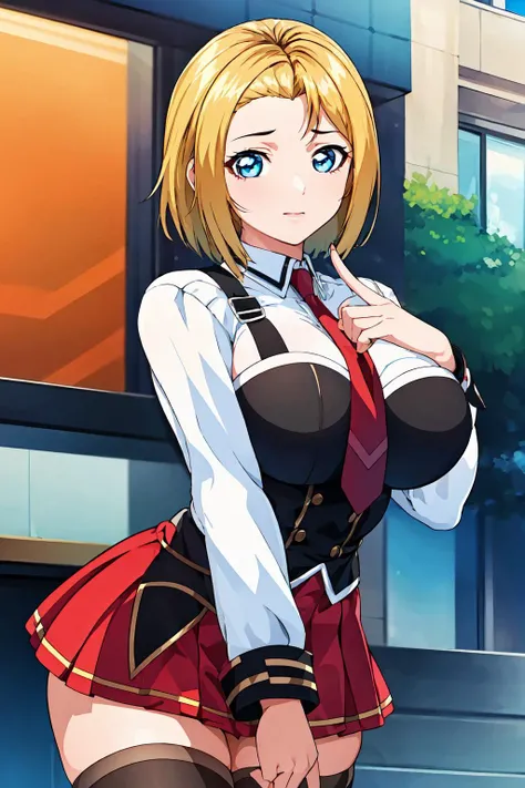 White_shirt,long sleeves,Red pleated skirt, uniform,thighhighs,long sleeves,(belt:1.2),Red Tie,(Black_vest:1.3), < <lora:Reika_Kitami_Bible_Black-KK77-V1:0.7>, blonde hair,Short_hair,parted Bangs,blue eyes,Forehead,
1 girl, 20yo,Young female,Beautiful Finger,Beautiful long legs,Beautiful body,Beautiful Nose,Beautiful character design, perfect eyes, perfect face,expressive eyes, looking at viewer, in the center of the image,(light_smile:0.5), official art,extremely detailed CG unity 8k wallpaper, perfect lighting,Colorful, Bright_Front_face_Lighting,shiny skin, (masterpiece:1.0),(best_quality:1.0), ultra high res,4K,ultra-detailed, photography, 8K, HDR, highres, absurdres:1.2, Kodak portra 400, film grain, blurry background, bokeh:1.2, lens flare, (vibrant_color:1.2) (Beautiful,large_Breasts:1.0), (beautiful_face:1.5),(narrow_waist)