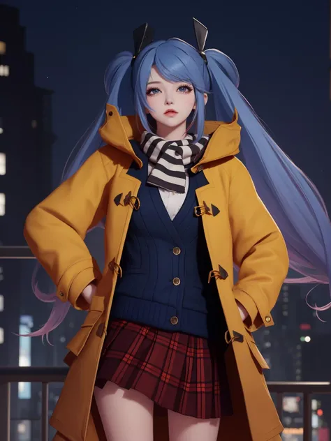 WZRYsunshangxiangSZLR, 1girl, solo, long hair, blue eyes, twintails,parted lips, plaid skirt,coat,scarf, vest,blue hair,<lora:WZRYsunshangxiangSZLR:0.75>,looking at viewer, cityscape, night, mature female, standing, hand on hip, multicolored hair,