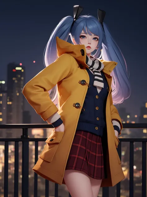 WZRYsunshangxiangSZLR, 1girl, solo, long hair, blue eyes, twintails,parted lips, plaid skirt,coat,scarf, vest,blue hair,<lora:WZRYsunshangxiangSZLR:0.75>,looking at viewer, cityscape, night, mature female, standing, hand on hip, multicolored hair,