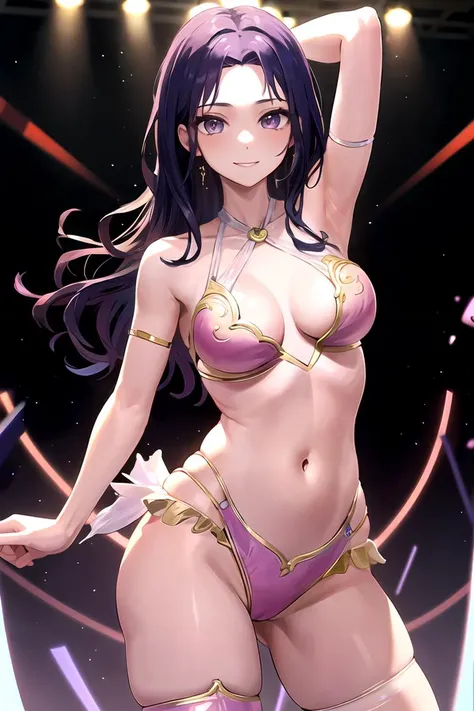 Mulher morena, pele escura, dark skin, purple eyes with shades of purple, rosy lips, cabelo roxo escuro ondulado com mechas rosas, smiling seductive expression, corpo definido e sexy, roupa de coelhinha rosa, bunny girl
