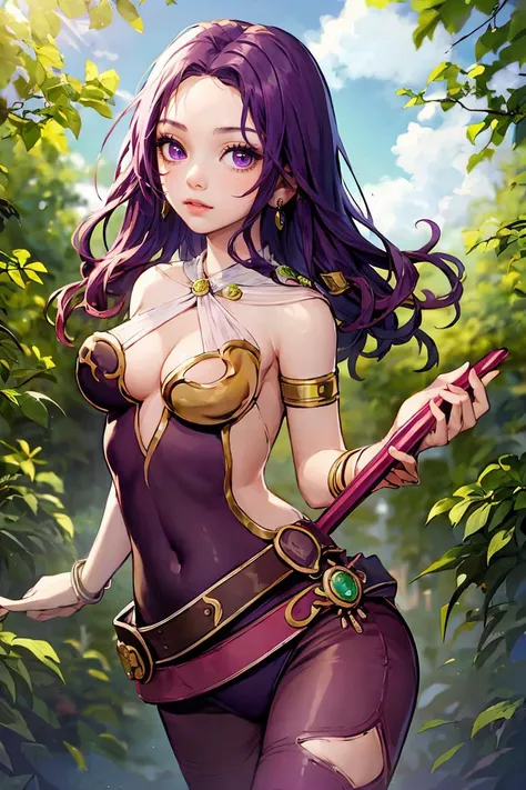Young girl, short red hair, purple eyes, elven ears, open dress, open breasts, inner breasts, lower breasts, lower breasts, wide breasts, achegao, open belly, masterpiece, high quality