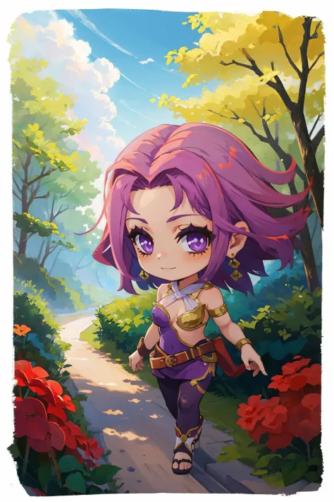 masterpiece, best quality, <lora:ff2maria-nvwls-v1-000010:0.8> ff2maria, cleavage, bodysuit, purple pantyhose, belt, earrings, armlet, <lora:style_onmyoji-20:0.8> chibi, border, looking at viewer, smile, walking, forest
