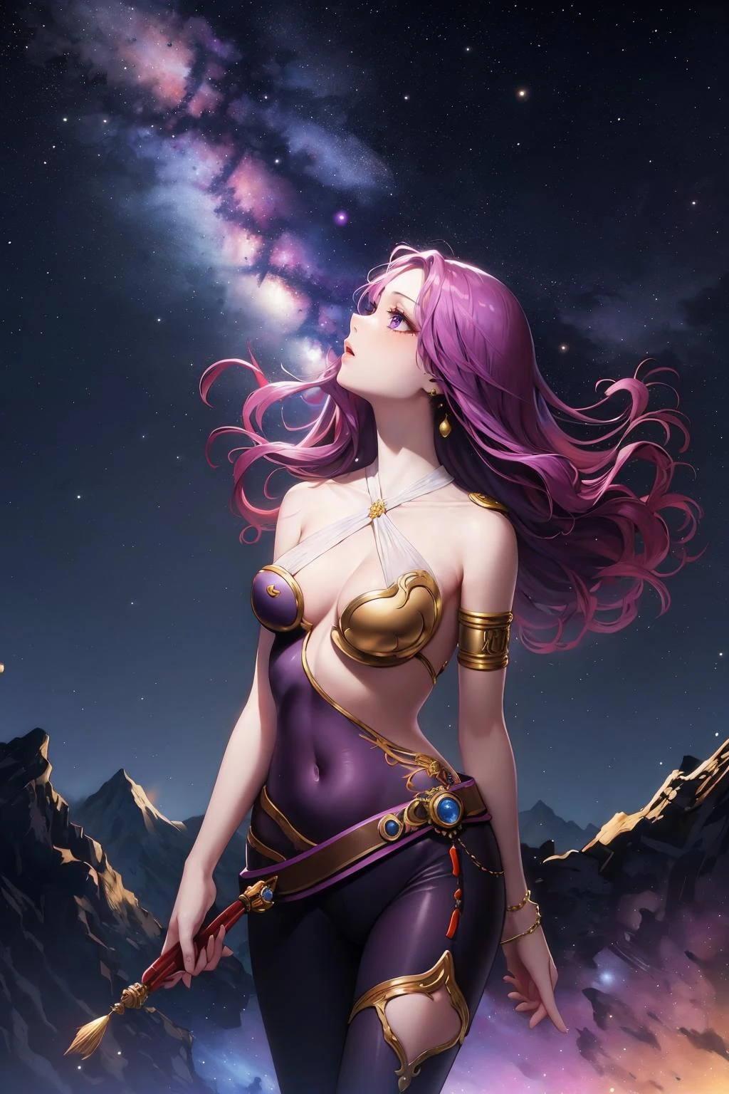masterpiece, best quality, <lora:ff2maria-nvwls-v1-000010:0.8> ff2maria, cleavage, bodysuit, purple pantyhose, belt, earrings, armlet, cowboy shot, sky, nebula, night sky, comet, looking up