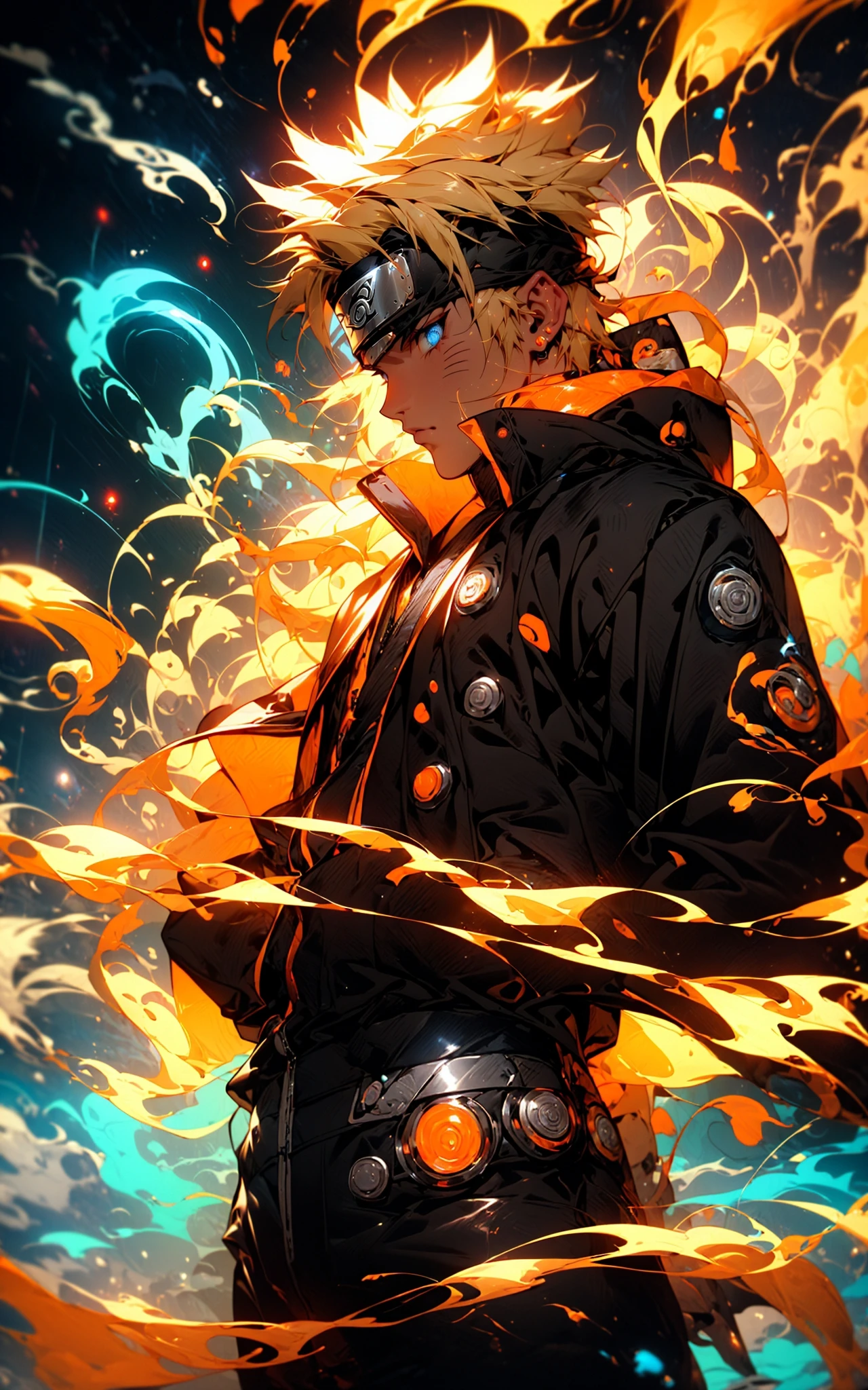 neon street lights, bright neon lights,Uzumaki Naruto from naruto manga wearing tangerine hanbok,intervene, Mechanical armor, mechanical arms,blue eyes, yellow hair <lora:Naruto_20230804071043-000014:0.8>