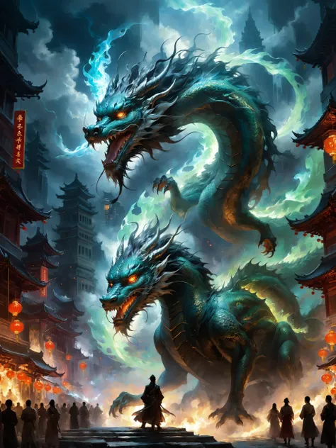<lora:add-detail-xl:2.4> <lora:xl_more_art-full-xl:0.6> <lora:lyco-style-envydramaticlightingxl01_digital_art-xl:0.3> <lora:eastern_dragon-xl-by_hevok:1.0> <lora:rmsdxl_enhance-xl-by_rmada:2.0> <lora:rmsdxl_creative-xl-by_rmada:1.0> poster style, traditional ghostly chinese dragon, famous artwork by (michael garmash:1.2) and (michael kormarck:1.2), a colossal majestic eastern dragon with (ghostly glowing eyes:1.2) and a wavy glowing mane in a futuristic asian city at night, its body is covered with iridescent and (magically glowing scales arranged in mesmerizing fractal patterns:1.2), towering skyscrapers darken the sky, illuminated the clouds, silhouettes of people watching the spectacle, (hazy, cloudy, foggy, ghostly, eerie, ethereal, magical:1.1), (dark corners:1.2), ultra detailed