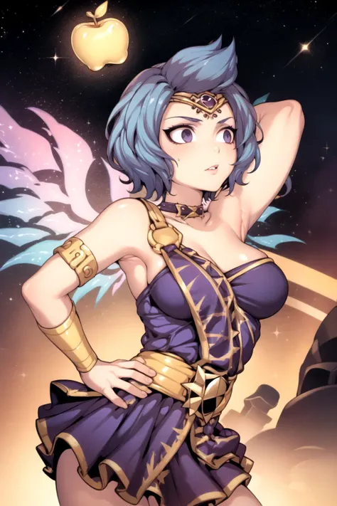 masterpiece, best quality, 1girl, discordia, solo, arms on hips, blue hair, short hair, purple dress, ethereal wings, gold apple, space, starry sky, night <lora:Discordia:1> <lora:Fishine-artist:1>