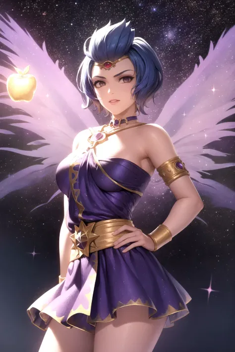masterpiece, best quality, 1girl, discordia, solo, arms on hips, blue hair, short hair, purple dress, ethereal wings, gold apple, space, starry sky, night <lora:Discordia:1>