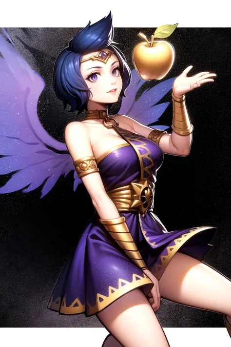 masterpiece, best quality, 1girl, discordia, solo, blue hair, short hair, purple dress, ethereal wings, gold apple, blue sky background <lora:Discordia:1>
