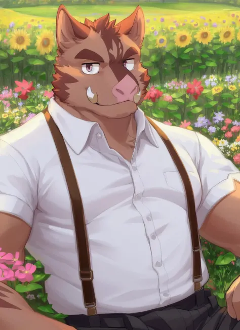 <lora:hermann-09:1>, hermann kc, solo, male, (soft shading), 4k, hi res, face, (full body:1.3), looking at viewer, smile, shirt, upper body, male focus, collared shirt, pants, suspenders, flower, detailed face, detailed eyes, tusks,
