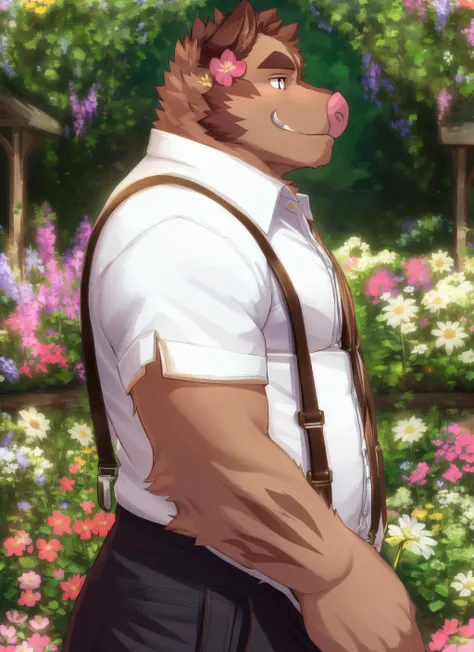<lora:hermann-09:1>, hermann kc, solo, male, (soft shading), 4k, hi res, face, (full body:1.3), smile, shirt, upper body, male focus, collared shirt, pants, suspenders, flower, detailed face, detailed eyes, tusks, side view