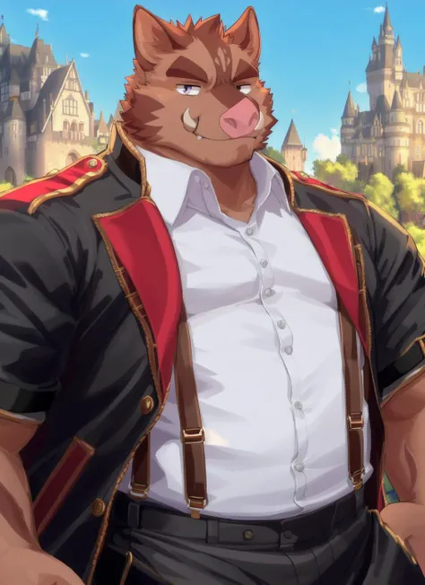 <lora:hermann-09:1>, hermann kc, solo, male, (soft shading), 4k, hi res, face, full body, looking at viewer, smile, shirt, (jacket), upper body, male focus, collared shirt, pants, suspenders, castle, detailed face, detailed eyes, tusks