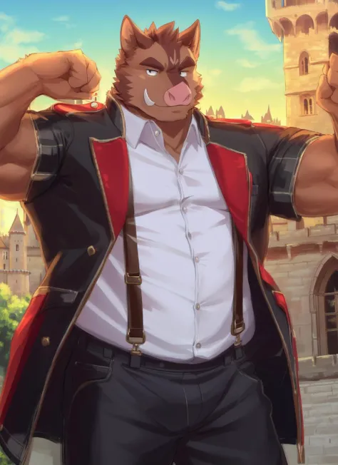 <lora:hermann-09:1>, hermann kc, solo, male, (soft shading), 4k, hi res, face, (full body:1.3), looking at viewer, smile, shirt, (jacket), upper body, male focus, collared shirt, pants, suspenders, castle, detailed face, detailed eyes, tusks, flexing arm, flexing, flexing biceps