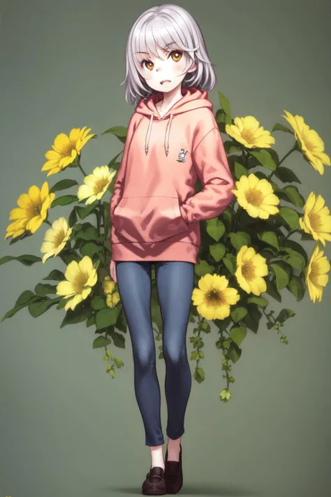 full body, solo, 1girl, looking at viewer, wavy mouth, pink hair, single sidelock, orange eyes, silver hoodie, god rays, Bellflower \(flower\), floral background <lora:Focke_wulf_style_v02:1>