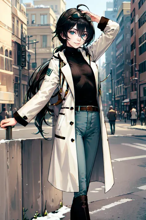 <lora:Focke_wulf_style_v02:0.8>, white and blue theme, <lora:age_slider_v2:2>, ultra detailed, masterpiece, best quality, solo, 1girl, (teal eyes:1.1), (aqua eyes:0.45), (black hair:1.2), <lora:low_ponytail-1.0:0.95> low ponytail, ahoge, low ponytail, absurdly long hair, very long hair, (hair flaps:1.2), flipped hair, hair between eyes, bangs, messy hair, small breasts, (goggles on head:1.3), hooded coat, open coat, turtleneck, capri pants, black knee boots, multiple belts, multiple straps, white long jacket, white coat, layered clothes, hair ribbon, light smile,
