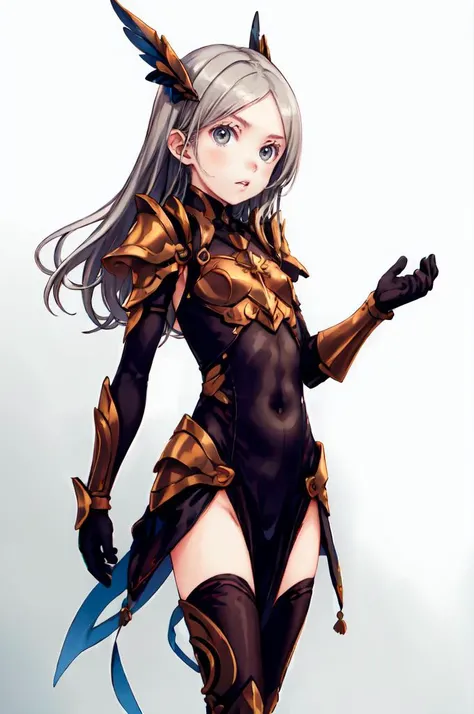 <lora:Focke_wulf_style_v02:1>,, ultra detailed, masterpiece, best quality, solo, serious, 1girl, (white eyes:1.1), (grey eyes:1.3), white hair, very long hair, parted hair, parted bangs, <lora:parted_hair_v1.3:1.3>, medium breasts, valkyrie, (bodysuit:1.1), pink wing hair ornament, grey armored skirt, black bodysuit, armor, gauntlets, pink breastplate, greaves, armored dress, pink hues,