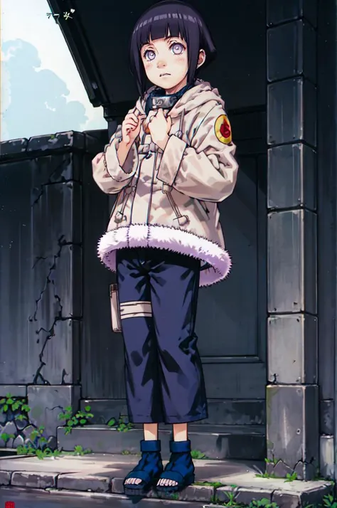 standing, shy, blush,  <lora:HinataHyuga:0.8> hyuuga hinata, 1girl, black hair, short hair, white eyes, no pupils, jacket, coat, forehead protector, fur trim, konohagakure symbol, long sleeves, pant, sandals,  <lora:Focke_wulf_style_v02:1>, absurdres, ultra detailed, masterpiece, best quality, aesthetic, detailed,