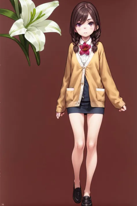 full body, solo, mature female, tiptoes, brown hair, cornrows, light purple eyes, orange cardigan, beautiful detailed face, ultra detailed eyes, day, Lily_Stargazer \(flower\), floral background <lora:Focke_wulf_style_v01:1>