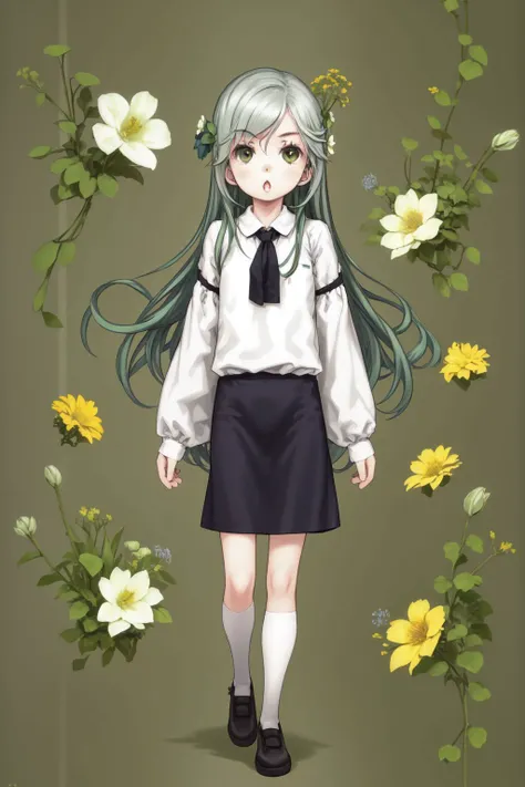 full body, solo, 1girl, looking at viewer, :o, light green hair, low-tied long hair, silver eyes, cream compression shirt, dim light, Sage_Perennial \(flower\), floral background <lora:Focke_wulf_style_v02:1>