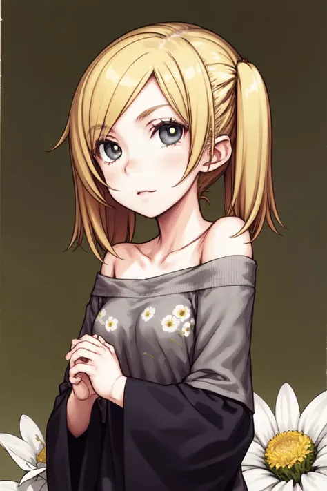solo, mature female, own hands together, yellow hair, short twintails, grey eyes, silver off-shoulder shirt, beautiful detailed face, ultra detailed eyes, foggy atmosphere, Statice \(flower\), floral background <lora:Focke_wulf_style_v01:1>