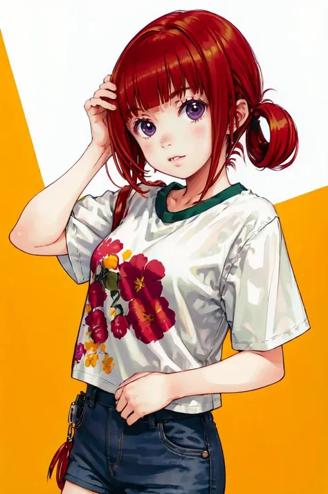 <lora:Focke_wulf_style_v02:1>, ultra detailed, masterpiece, best quality, solo,
1girl, purple eyes, red hair, blunt bangs, medium breasts, <lora:hair_rings:1> low hair rings,
t-shirt, shorts,