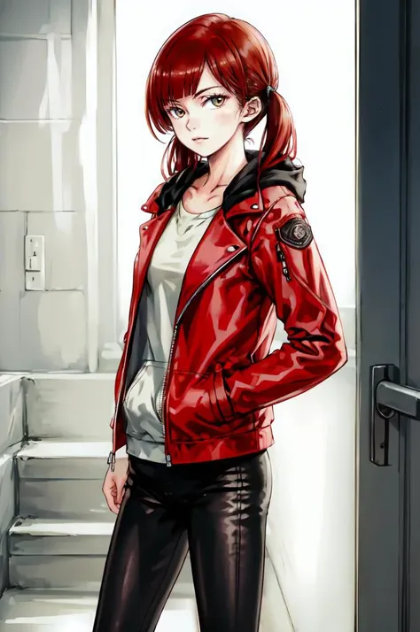 <lora:Focke_wulf_style_v02:1>, (closed jacket:1.3), <lora:age_slider_v2:2>, ultra detailed, masterpiece, best quality, solo, 1girl, red hair, (orange eyes:0.5), (amber eyes:1.3), swept bangs, parted bangs, medium hair, small breasts, <lora:Tsurime3:1>, (tsurime:1.2), (low twintails:1.35),
leggings, leather jacket, long shirt, combat boots, hoodie,