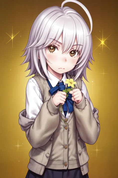 upper body, solo, 1girl, looking at viewer, disgust, white hair, ahoge, dark brown eyes, silver cardigan vest, glittering light, Pitt \(flower\), floral background <lora:Focke_wulf_style_v02:1>
