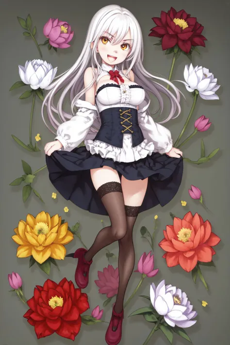 full body, solo, 1girl, large breasts, looking at viewer, :D upper teeth disgusted eyes, white hair, flattop, orange eyes, light blue underbust, sunbeam, Peony \(flower\), floral background <lora:Focke_wulf_style_v02:1>