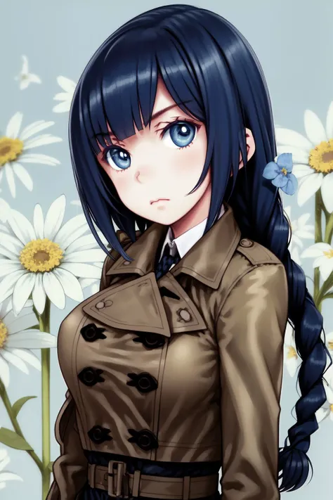 upper body, solo, 1girl, large breasts, looking at viewer, skeptical, dark blue hair, braid, dark blue eyes, dark brown trench coat, lens flare, Summer's_Darling \(flower\), floral background <lora:Focke_wulf_style_v02:1>