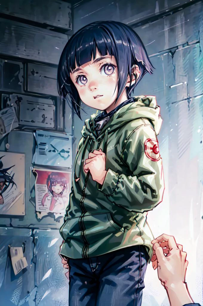 solo, shy, blush, looking down, pov, facing viewer, <lora:hinata_hyuuga:0.75> hinata_hyuuga, white eyes, no pupils, short hair, blue hair, blunt bangs, sidelocks, hoodie, forehead protector, jacket, blue pants, <lora:Focke_wulf_style_v02:1>, absurdres, ultra detailed, masterpiece, best quality, aesthetic, detailed,