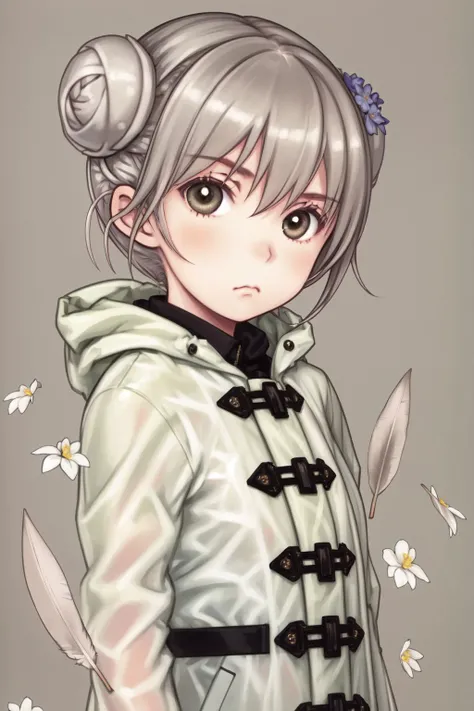 upper body, solo, 1girl, looking at viewer, :/, grey hair, double bun, light brown eyes, beige transparent raincoat, dim light, Gay_Feather \(flower\), floral background <lora:Focke_wulf_style_v02:1>