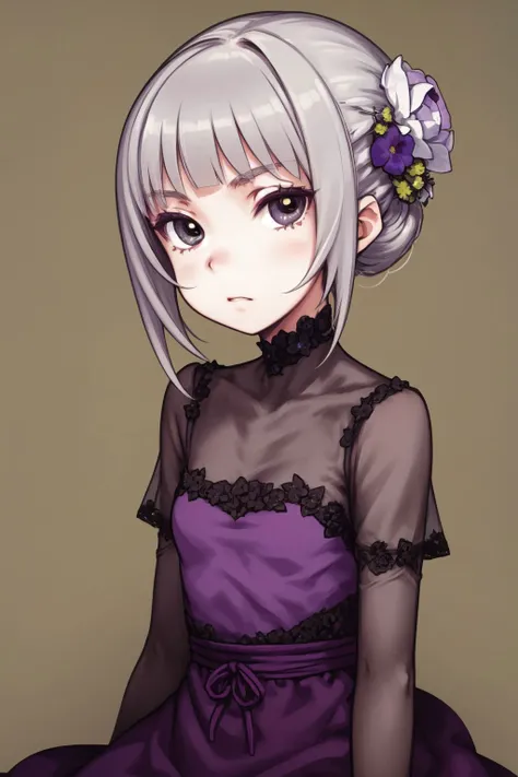 solo, mature female, wariza, grey hair, topknot, white eyes, dark purple dress, beautiful detailed face, ultra detailed eyes, dim light, Billy_Buttons \(flower\), floral background <lora:Focke_wulf_style_v01:1>