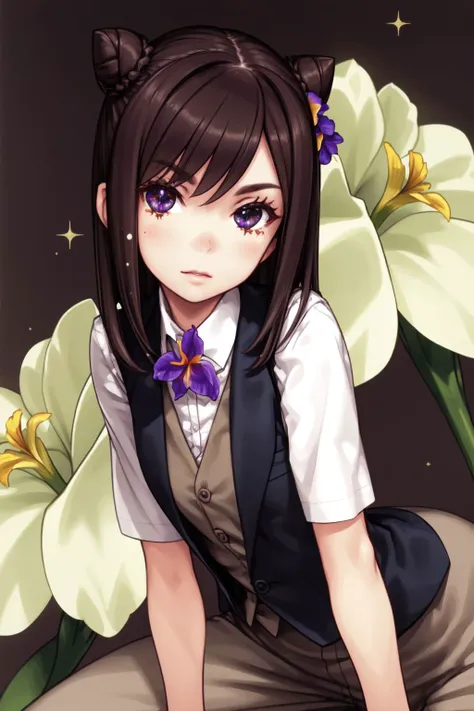 solo, mature female, all fours, dark brown hair, cone hair bun, cream eyes, dark purple waistcoat, beautiful detailed face, ultra detailed eyes, glitter particles, Iris \(flower\), floral background <lora:Focke_wulf_style_v01:1>
