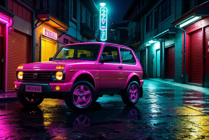 <lora:NIVARBN:.7> NIVARBN Hotwheels, glitter, synthwave, 8K, high detail, caberpunk, dark alleyway, JDM, 8K, night, photography, rain