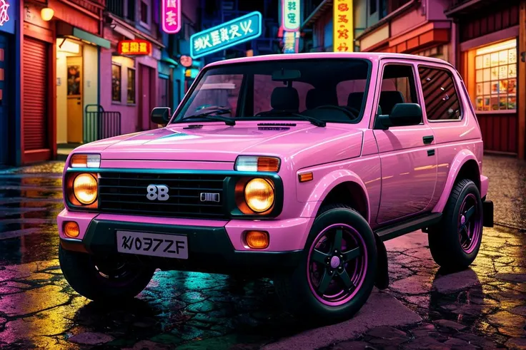 (anime), (illustration), cartoon, detailed, <lora:NIVARBN:.7> NIVARBN Hotwheels, glitter, synthwave, 8K, high detail, caberpunk, dark alleyway, JDM, 8K, night, photography, rain