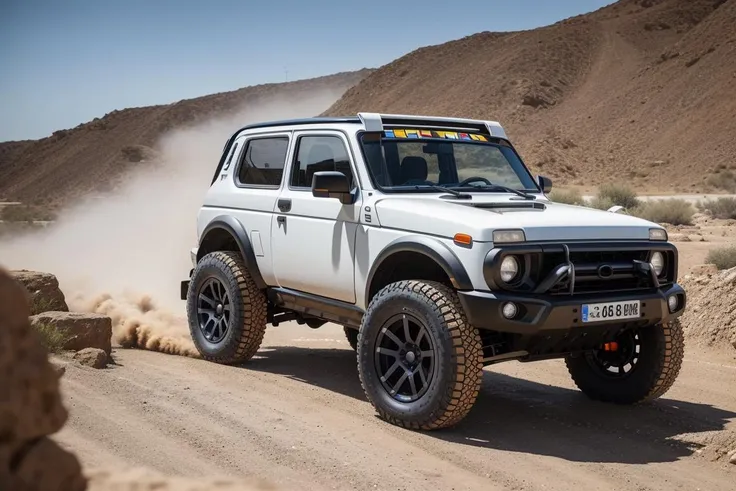 <lora:NIVARBN:.7> NIVARBN built for rock crawling stands on concrete wall, custom RALLY car body modified for rock crawling, jumper car dance, import offroad tuner, big offroad futuristic tyres, bedlock rims, graffiti, sandstorm, photorealistic, shot by Sony a7iii,  (((detailed background)))