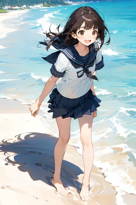 ((masterpiece, best quality, realistic transparent water, standing solo schoolgirl saying come here in the beach)), (bare legs, bare foots, detailed hands, cute bright brown-eyes laughing face, black-medium-length-hair, detailed short-sleeve summer white-sailor-fuku), tuned skin, best sun lighting, beach-sand, best shadow, white-shell, <lora:add_brightness:1>