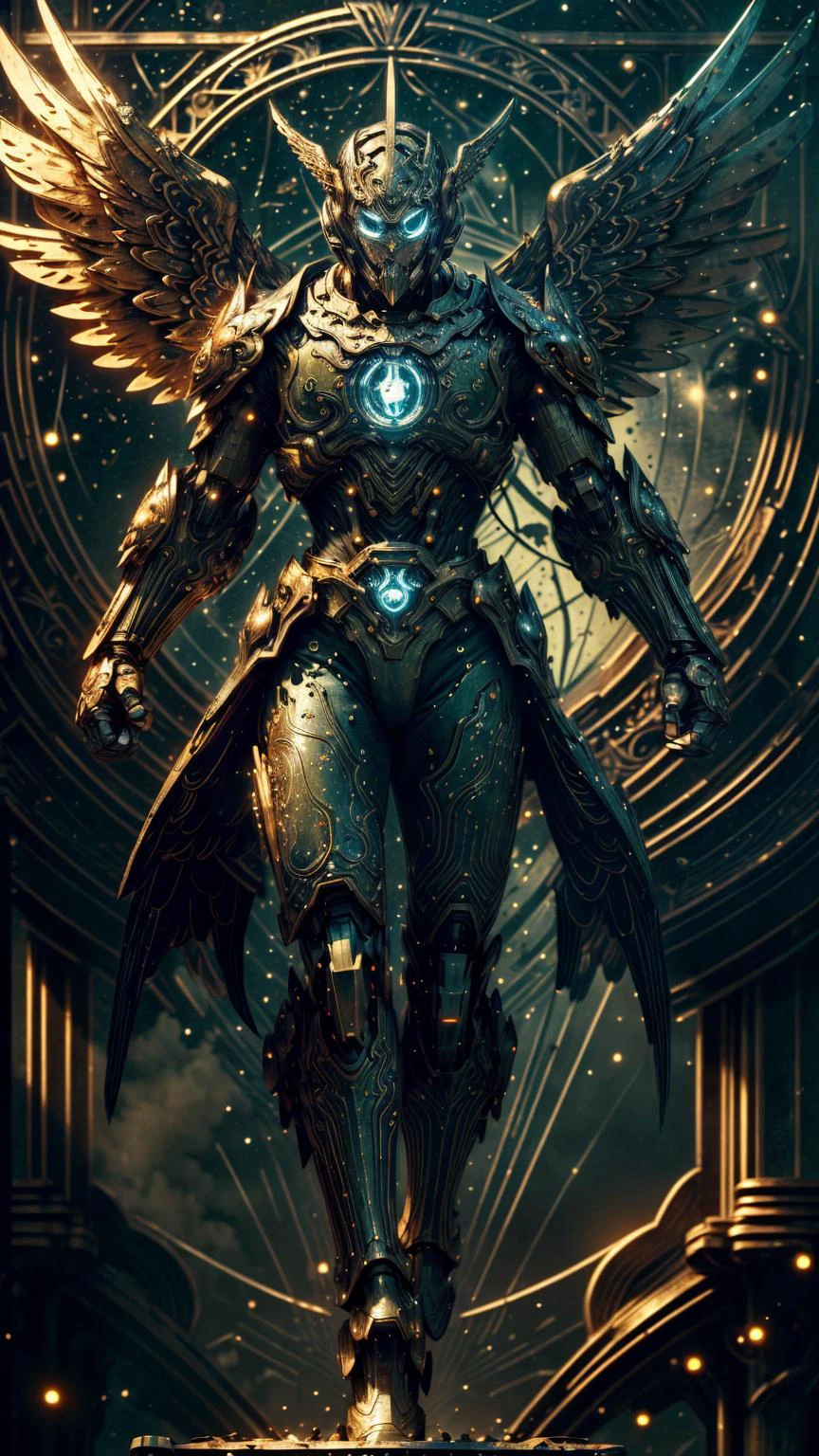 (masterpiece, best quality:1.3),extremely high detailed, intricate, 8k, HDR, wallpaper, cinematic lighting ,(universe), glowing, armor, glowing eyes, mecha, large wings, <lora:CircuitBoardMecha:1>, stars, <lora:epi_noiseoffset2:1>, ((Art Nouveau)), <lora:add_brightness:0.3>