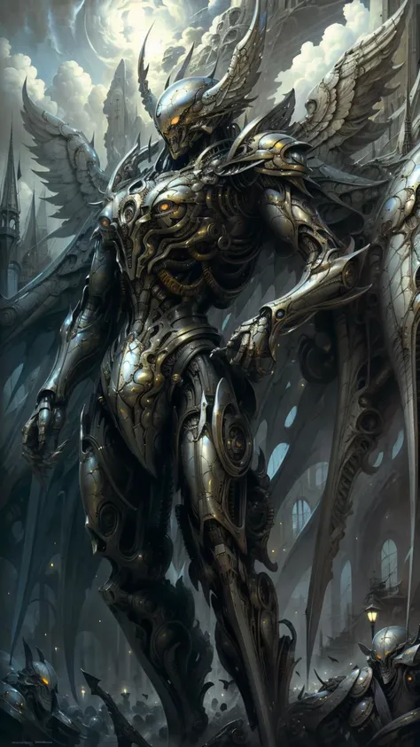 masterpiece, best quality, detailed, Surrealism, by Hans Rudolf Giger, <lora:hrgiger2x:0.9>, glowing, armor, glowing eyes, mecha, large wings, <lora:EbonyGoldMecha:0.8>, <lora:add_brightness:0.7>