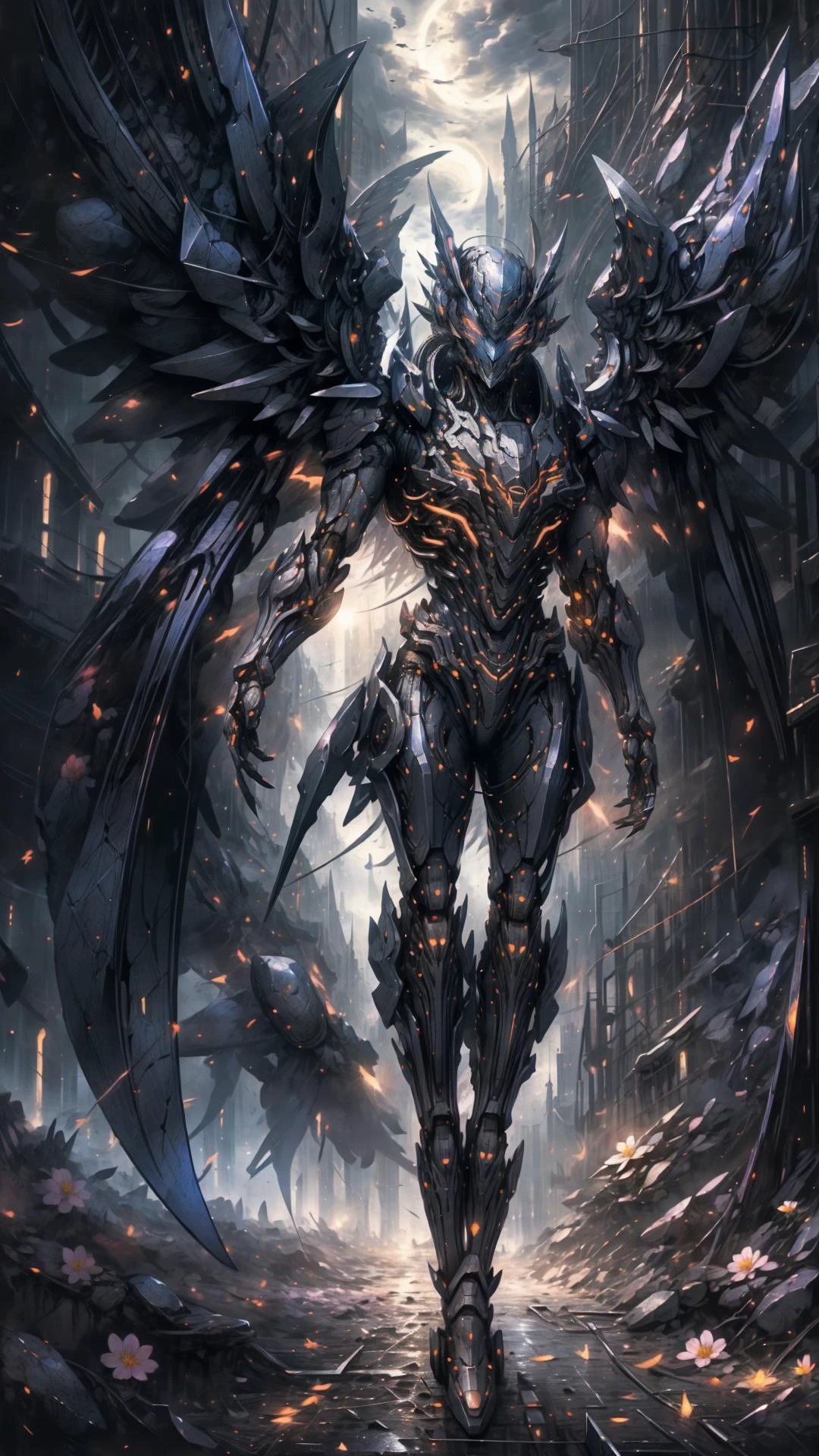 masterpiece, best quality, detailed, photorealistic, Surrealism, by Hans Rudolf Giger, <lora:hrgiger2x:0.6>, glowing, armor, glowing eyes, mecha, large wings, <lora:TalDarimMecha:1>, <lora:add_brightness:0.7>, flower, <lora:Sea_of_Flowers:1>, <lora:add_saturation:-2>