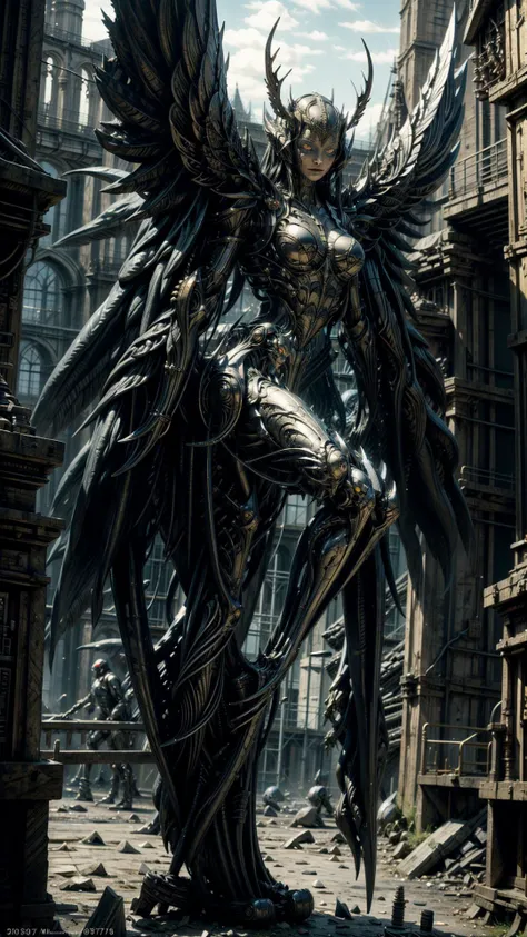 masterpiece, best quality, detailed, Surrealism, by Hans Rudolf Giger, <lora:hrgiger2x:0.8>, glowing, armor, glowing eyes, mecha, large wings, <lora:EbonyGoldMecha:0.8>,  <lora:add_brightness:1>