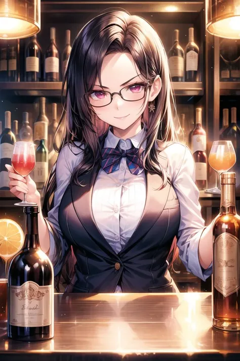 <lora:add_brightness:0.5><lora:add_detail:0.5>
1 woman, large breast,smile, forehead, black hair, glasses,bartender, suit, bowtie,
<lora:bar:0.4>bar,caustics, moody lighting,1 cocktail glass,1 cocktail,
SFW