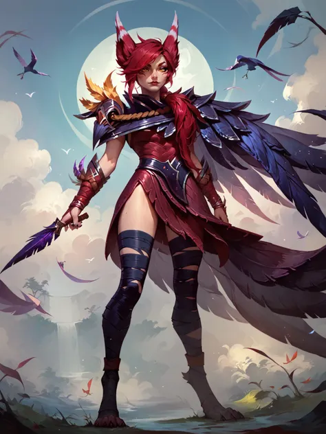 score_9, score_8_up, score_7_up, XayahNormal, 1girl, solo, red animal ears, facial marks, yellow eyes,  red long hair, vambraces, feather cloak, red leather dress, bandages on legs, bird legs, concept art <lora:XayahNormal:1>  <lora:Concept Art Twilight Style SDXL_LoRA_Pony Diffusion V6 XL:1>