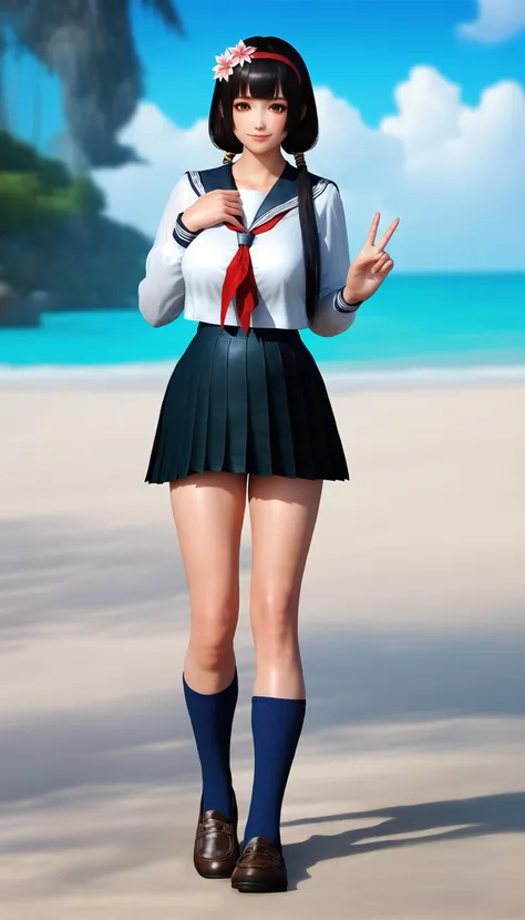 score_9,score_8_up,score_7_up,<lora:naotorali-000080:0.7>,
naotora li,1girl,solo,
school uniform,serafuku,long sleeves,pleated_skirt,skirt,
black hair,blunt bangs,long hair,low twintails,twintails,hair ornament,red hairband,golden scrunchie,white hair flower,
brown eyes,looking at viewer,smile,closed mouth,
cleavage,big breasts,
socks,deep blue socks,shoes,leather shoes,
outdoors,day,beach,soft clouds drifting,summer,vignetting,blurry background,
full body,front view,v,