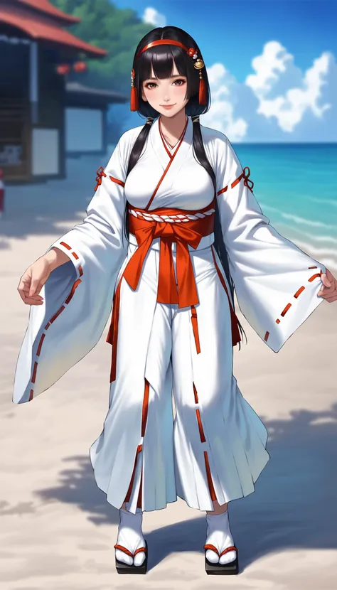 score_9,score_8_up,score_7_up,<lora:naotorali-000080:0.7>,
naotora li,1girl,solo,
japanese clothes,miko,miko outfit,hakama,hakama skirt,red hakama,
black hair,bangs,blunt bangs,twintails,low twintails,red hair ornament,red hairband,white scrunchie,
brown eyes,looking at viewer,closed mouth,smile,
big breasts,
tabi,white tabi,zÅri,zori,
outdoors,day,beach,soft clouds drifting,summer,vignetting,blurry background,
full body,front view,standing,