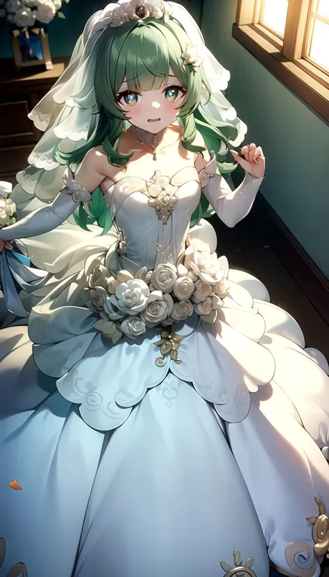 (Wedding dress:1.5), masterpiece, best quality, Green hair, flat, <lyco:huohuo:1.0>