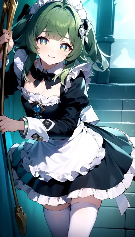 (Maid dress:1.5), masterpiece, best quality, Green hair, flat, <lyco:huohuo:1.0>